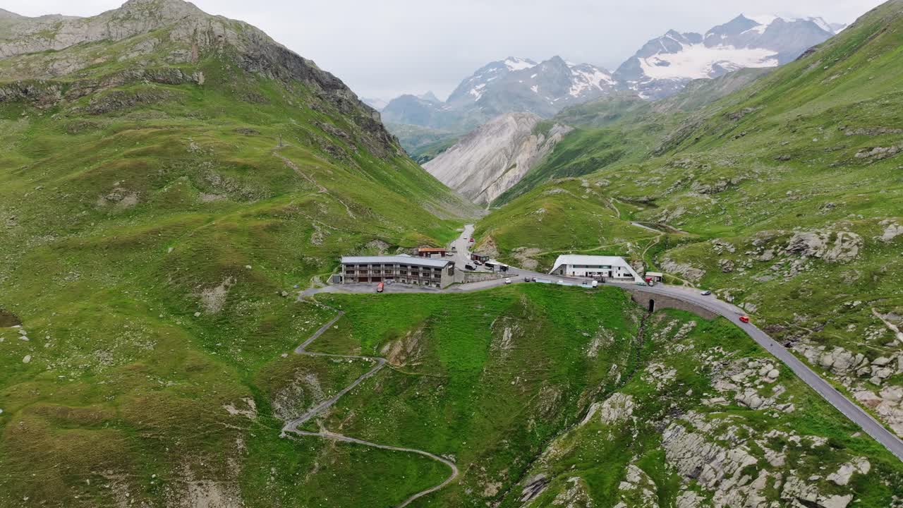 Drone view Italian Swiss border crossing Forcola di Livigno alpine mountain road