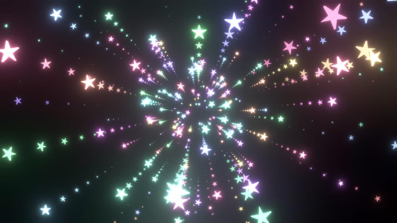 Vibrant multicolored stars explode from a central point, creating a fast-paced cosmic warp effect