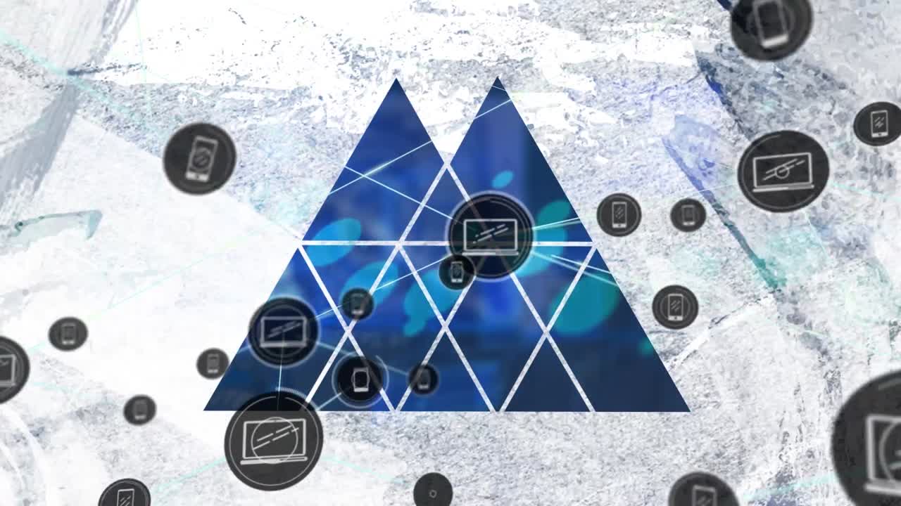 анимация сети соединений с иконами над треугольниками на белом фоне