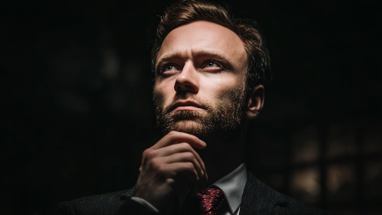 A Pensive Man in a Business Suit Deep in Thought, Captivated by Darkness and Light Dynamics, Surrounded by Shadows, Reflecting on Life's Depths and Decisions