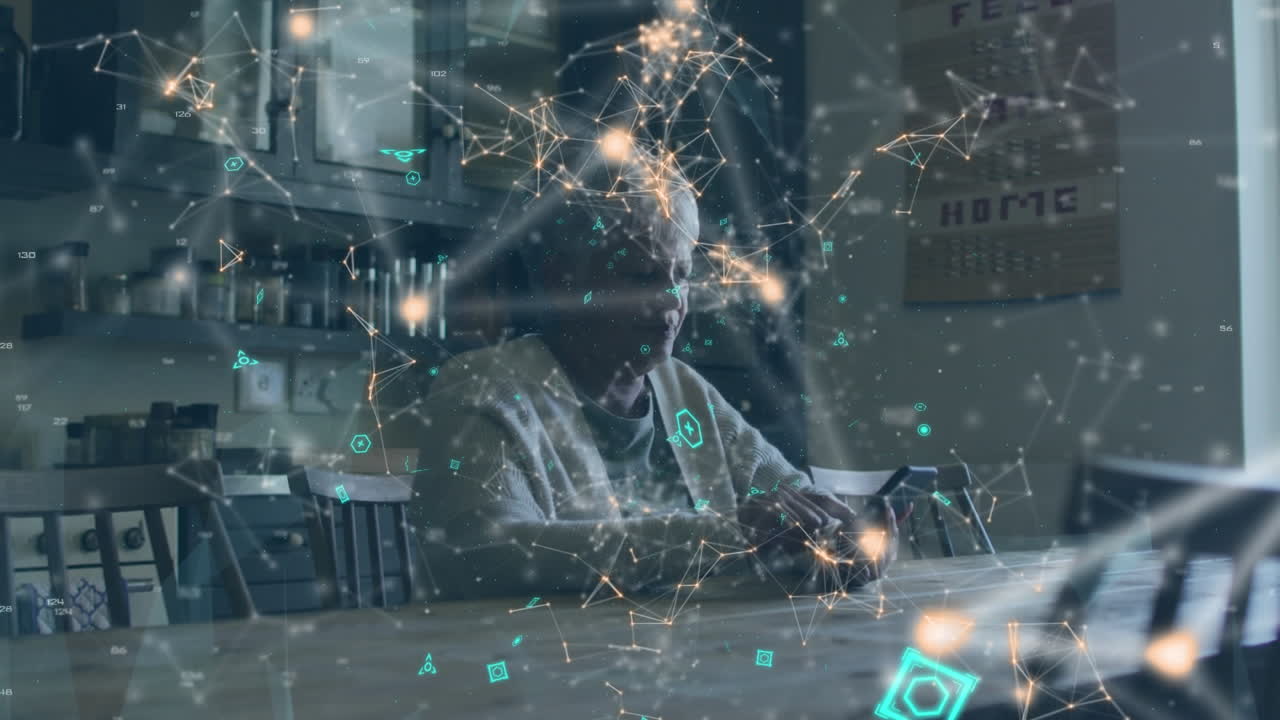 Network of connections against african american senior woman using smartphone at home