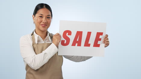 woman, sale and banner with promotion in retail