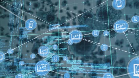 Animation-of-network-of-connections-and-data-processing-over-covid-cells-on-white-background