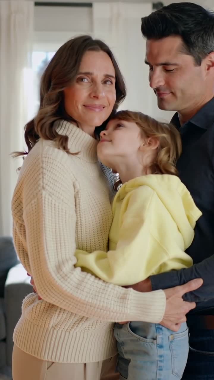 Video verticale: Telecamera che inquadra i genitori che tengono in braccio e confortano il bambino a casa, la mamma con un maglione color crema.