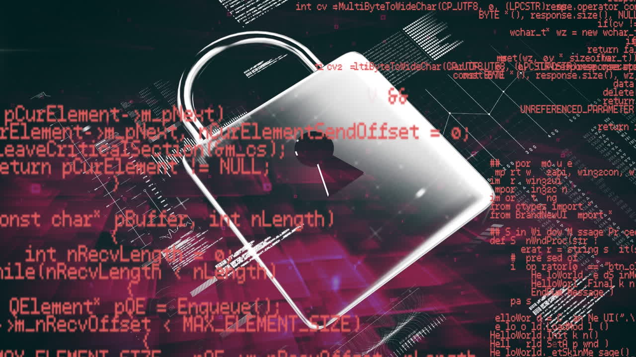animación digital del procesamiento de datos sobre el icono del candado de seguridad contra un fondo rosa