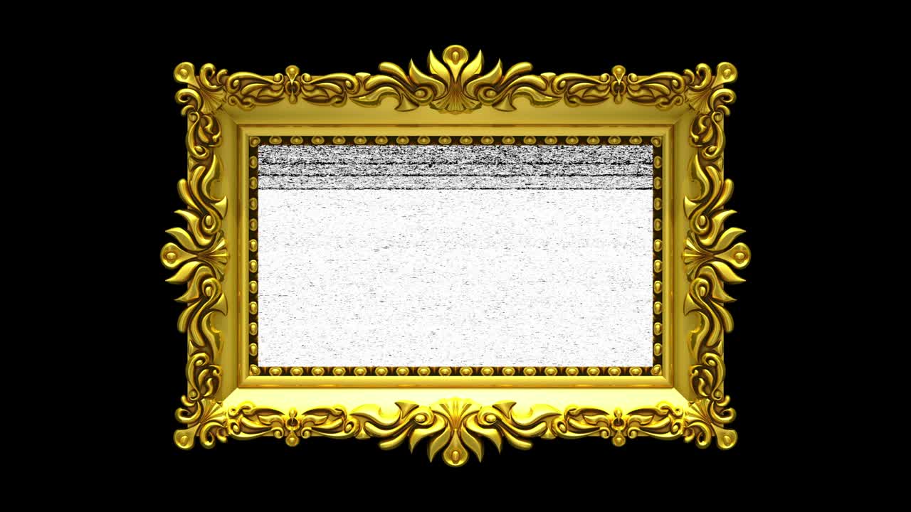 fondo negro. el ruido de la televisión y la tecla de croma verde se reproducen en la pantalla en un marco de imagen dorado adornado. intro animado en 3d.