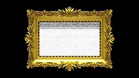 fondo negro. el ruido de la televisión y la tecla de croma verde se reproducen en la pantalla en un marco de imagen dorado adornado. intro animado en 3d.