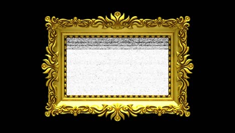 black background. tv noise and green chroma key plays on the screen in ornate gold picture frame. 3d animated intro.