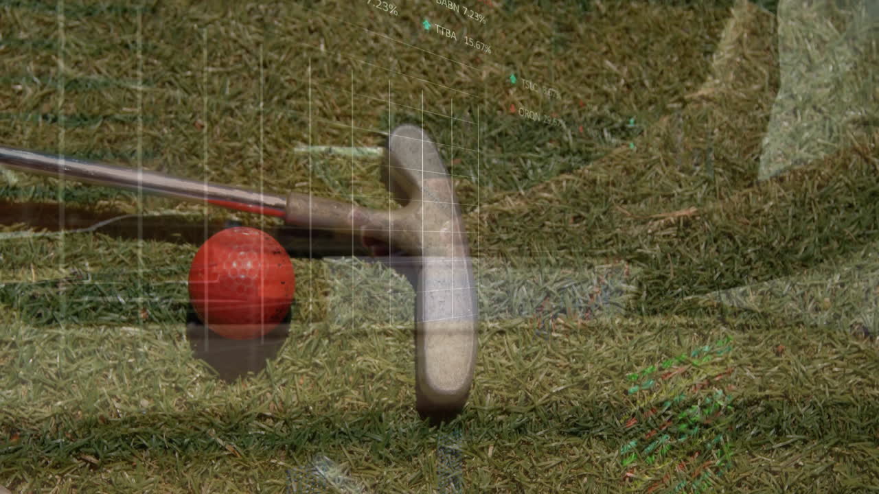 Golfer lining up red ball on green, showing floating data charts for golf performance