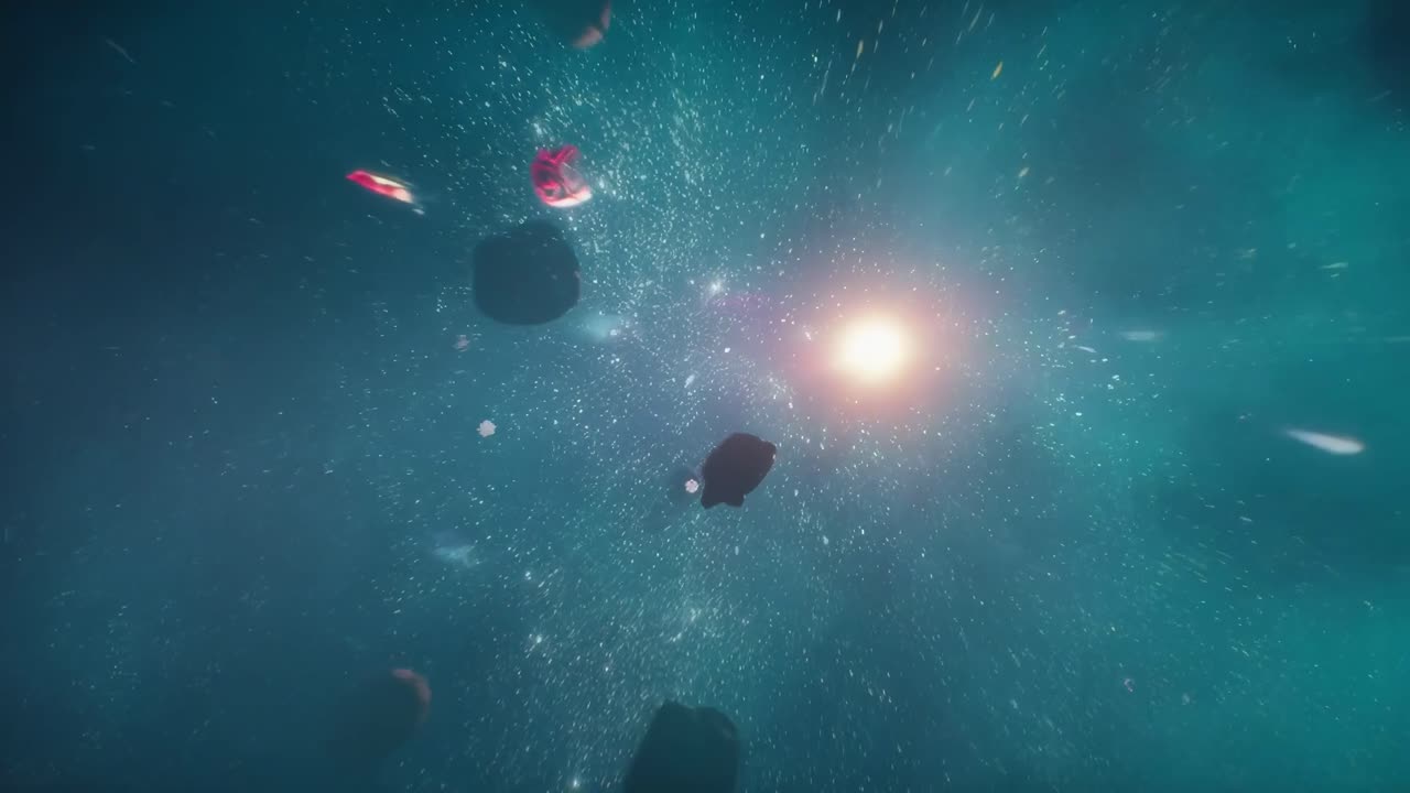 Video spaziale cinematografico con inquadratura grandangolare di asteroidi e un pianeta splendente in lontananza