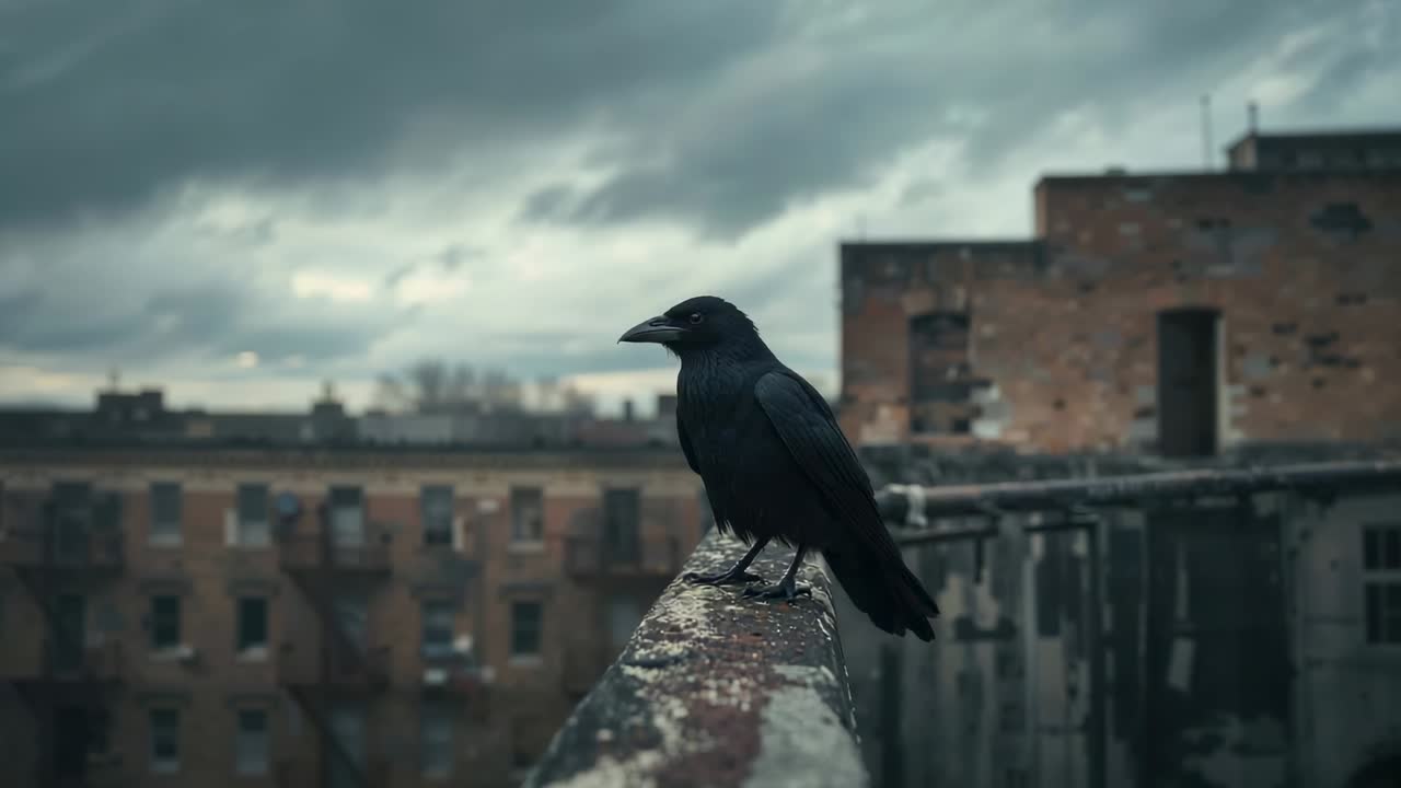 Surveying black crow shifting on rusted rooftop railing, launching into flight over brick buildings