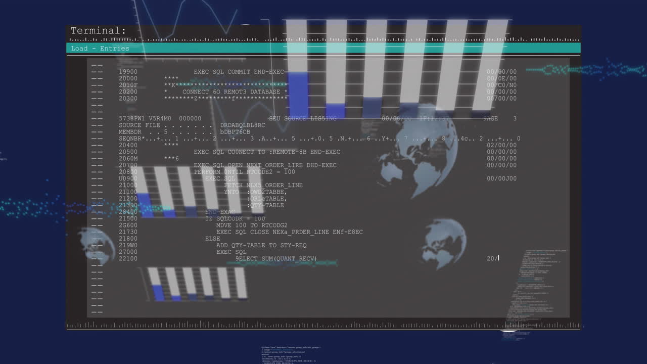 Terminal interface displaying data processing with world map and graphs animation