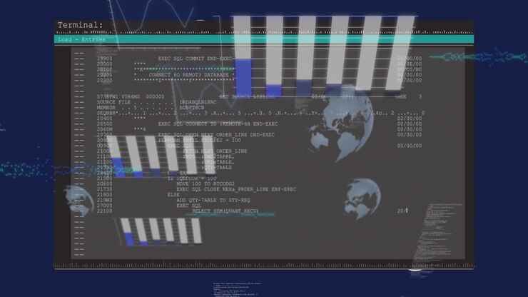 Interfaz de terminal mostrando procesamiento de datos con animación de mapa mundial y gráficos
