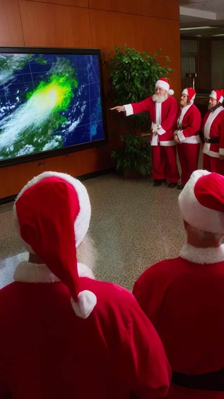 A Group of Santa Claus Figures Gather in Front of a Large Screen Displaying a Weather Map, Analyzing Atmospheric Patterns to Plan for a Festive Holiday Season with Cheerful Anticipation