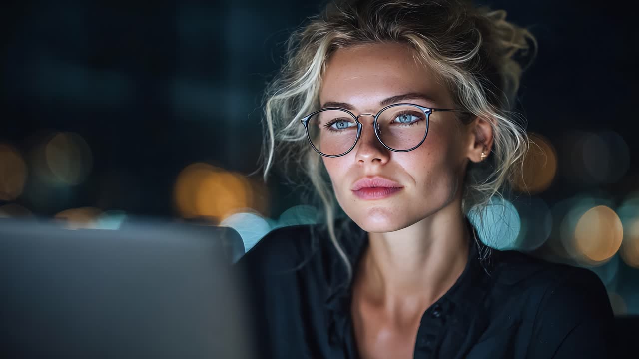 A Thoughtful Individual Engaged with Technology: Late Night Reflection Captured in Intimate Detail While Using a Laptop Surrounded by Soft Bokeh Lights