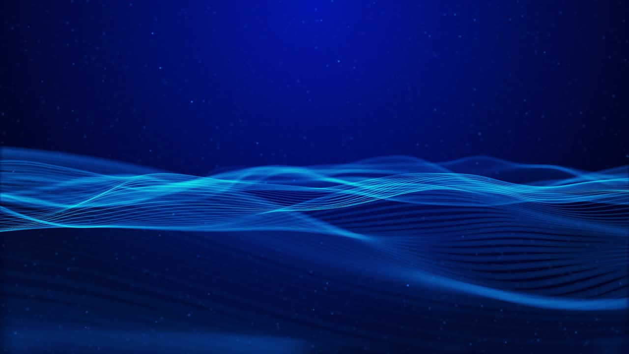 Abstract motion of glowing blue waves made of light particles flowing through dark space for use in