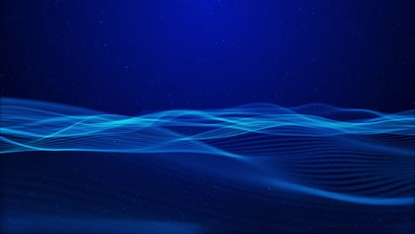 abstract motion of glowing blue waves made of light particles flowing through dark space for use in