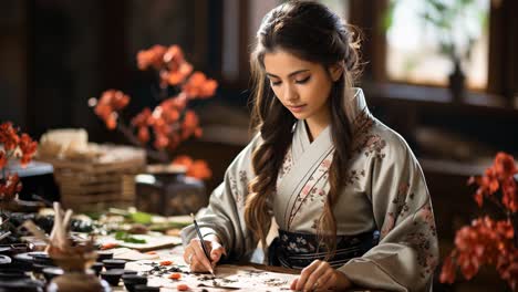 young woman in traditional attire creating artwork in a serene studio