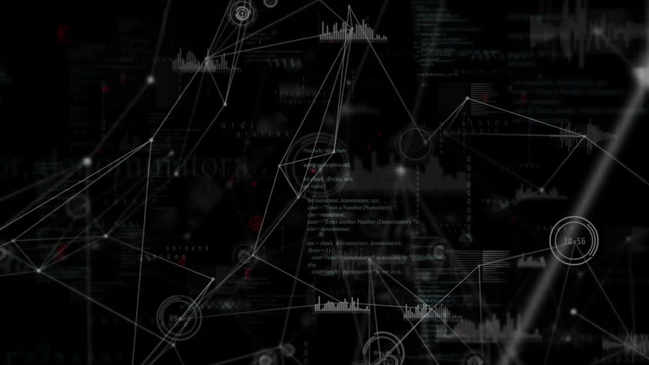 Digital network diagram being rendered in cyberspace with white nodes and binary code streams