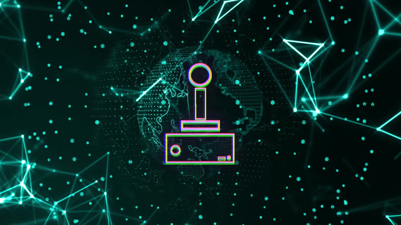 Neon joystick icon over digital network and geometric shapes animation