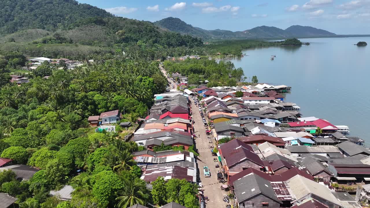 Koh Lanta old town, fishing village, sightseeing tourist attraction in Thailand. Aerial pull back