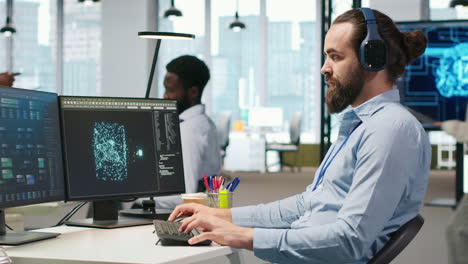 Developer Coding With Ai Language Model Assistance In Office, Listening Music
