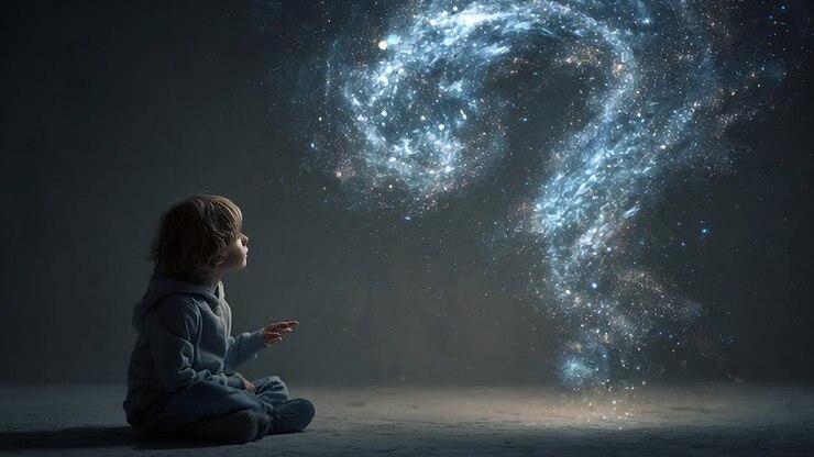 Child contemplates a cosmic question mark in a starry setting
