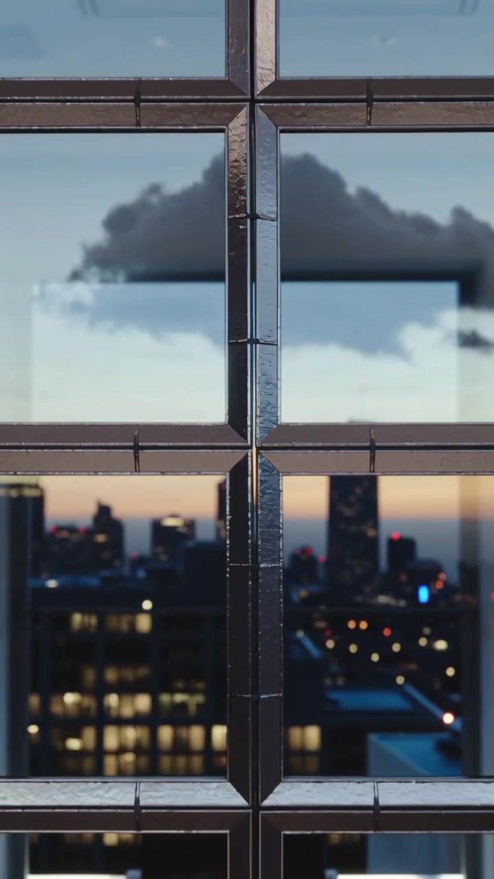 Vertical video: Pulling back cam revealing metal window grid in office at dusk, showing city lights