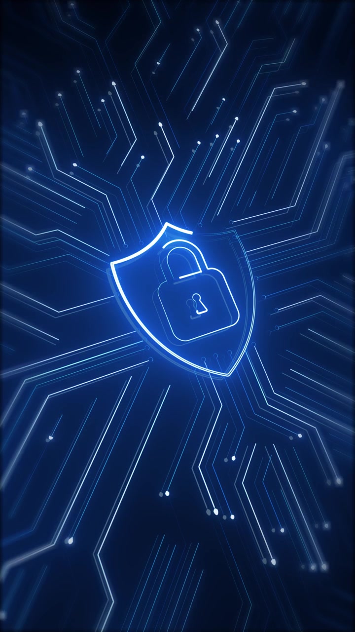 Blue cyber security lock shield background with glowing circuit lines secure padlock icon and
