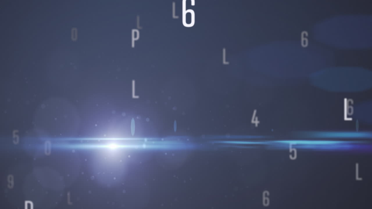 Digital animation of random alphabets and numbers moving and changing agains blue background