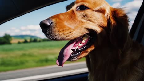 a joyful golden retriever enjoys a car ride, captured from a side angle