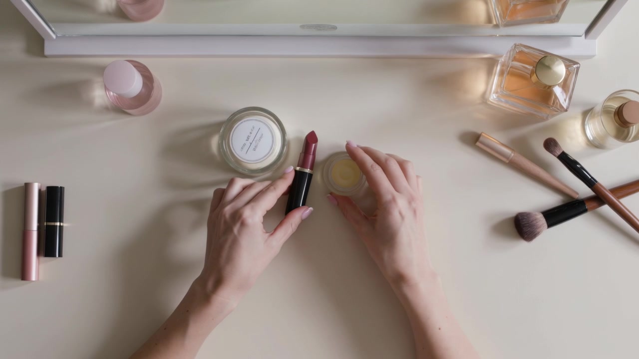 Entering bare forearms, hands picking up red lipstick at vanity table, inspecting and arranging jar