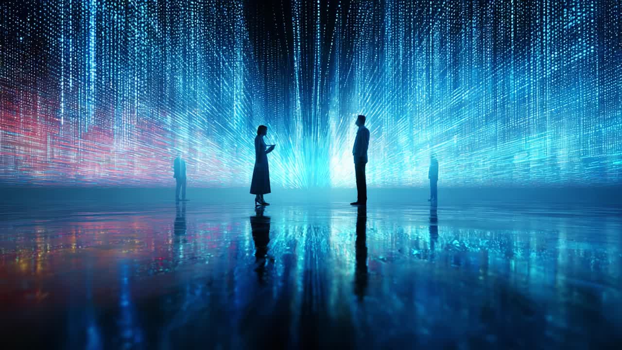 An ethereal digital landscape depicting silhouettes of two figures engaged in conversation, surrounded by a mesmerizing backdrop of vibrant, flowing data streams and sparkling lights