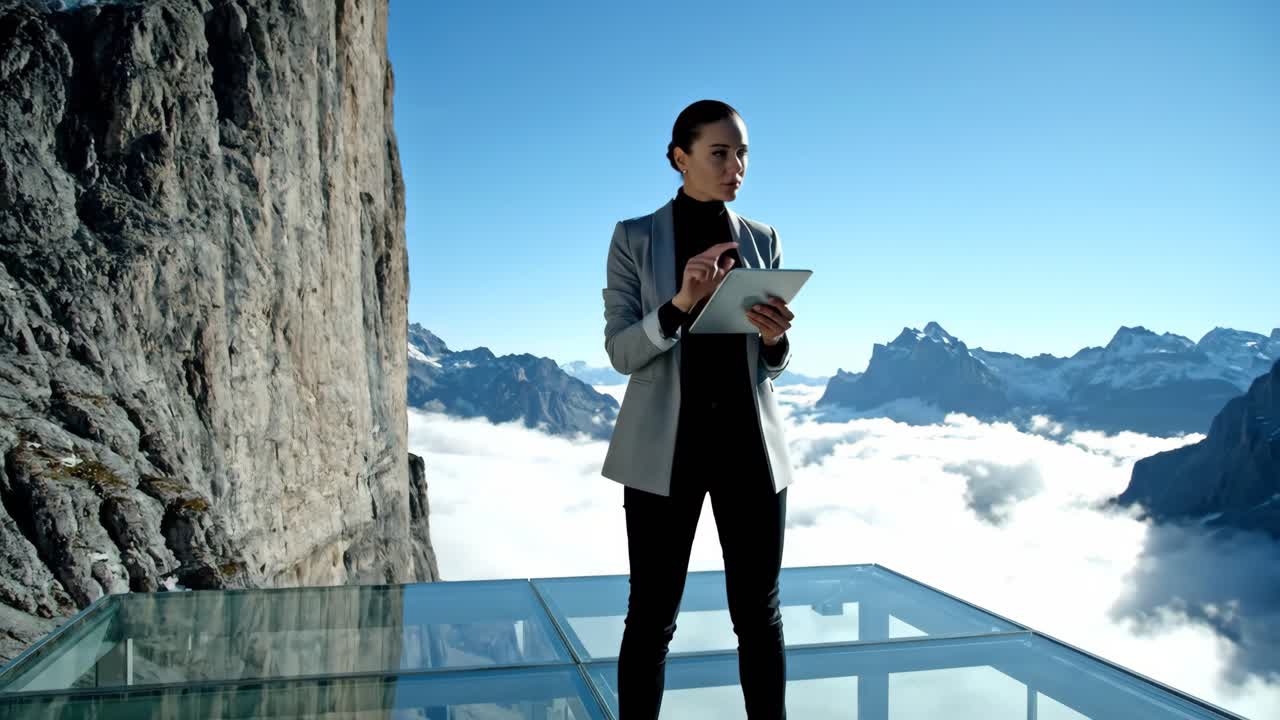 Businesswoman using tablet on mountain skywalk