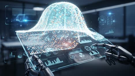 advanced robotic hands manipulating a holographic display of big data analytics with dynamic graphs and infographics in a high-tech environment