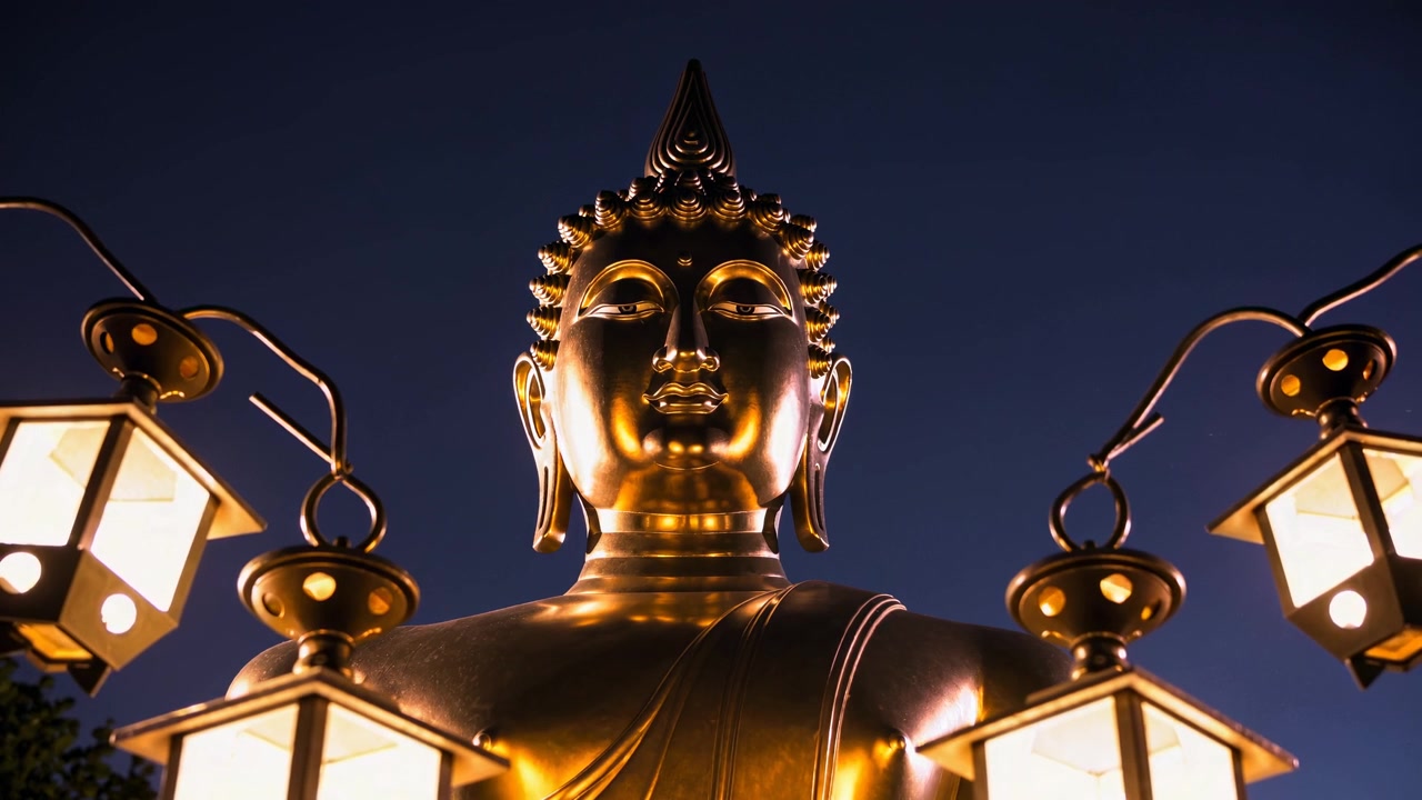 Estatua de Buda dorada iluminada por faroles de noche
