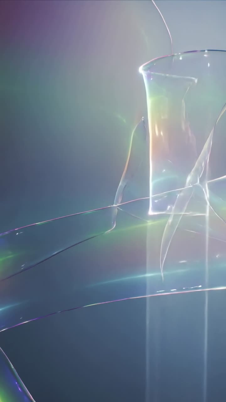 Vertical video: Flowing ribbons forming hollow column in dark studio, sending rainbow beams