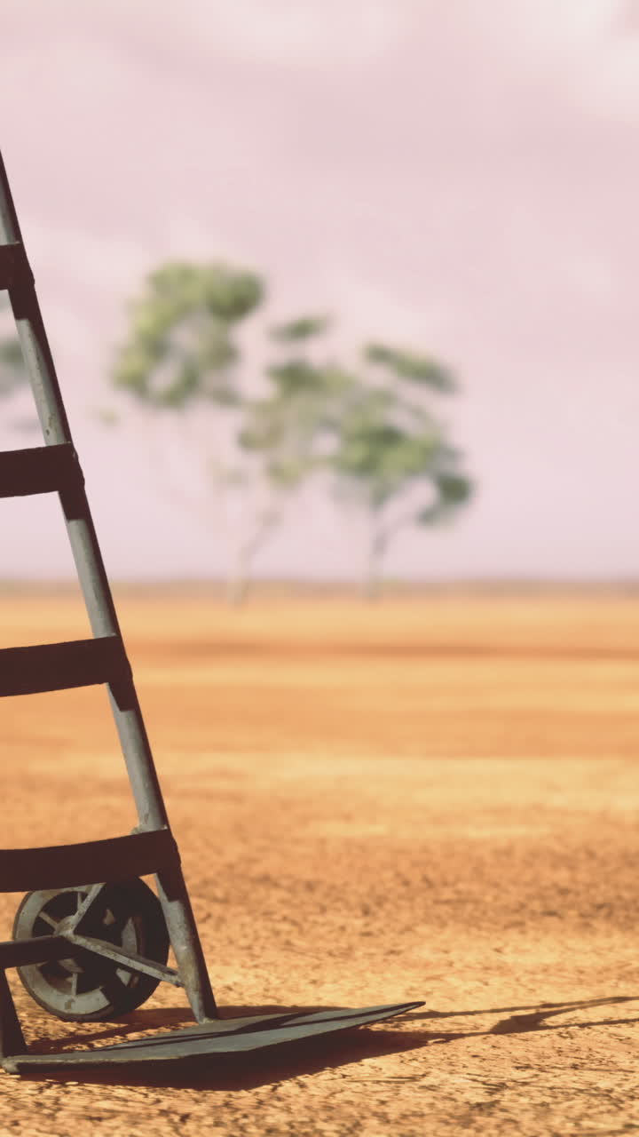 Rustic cart resting on dry earth under a bright sky in a remote landscape