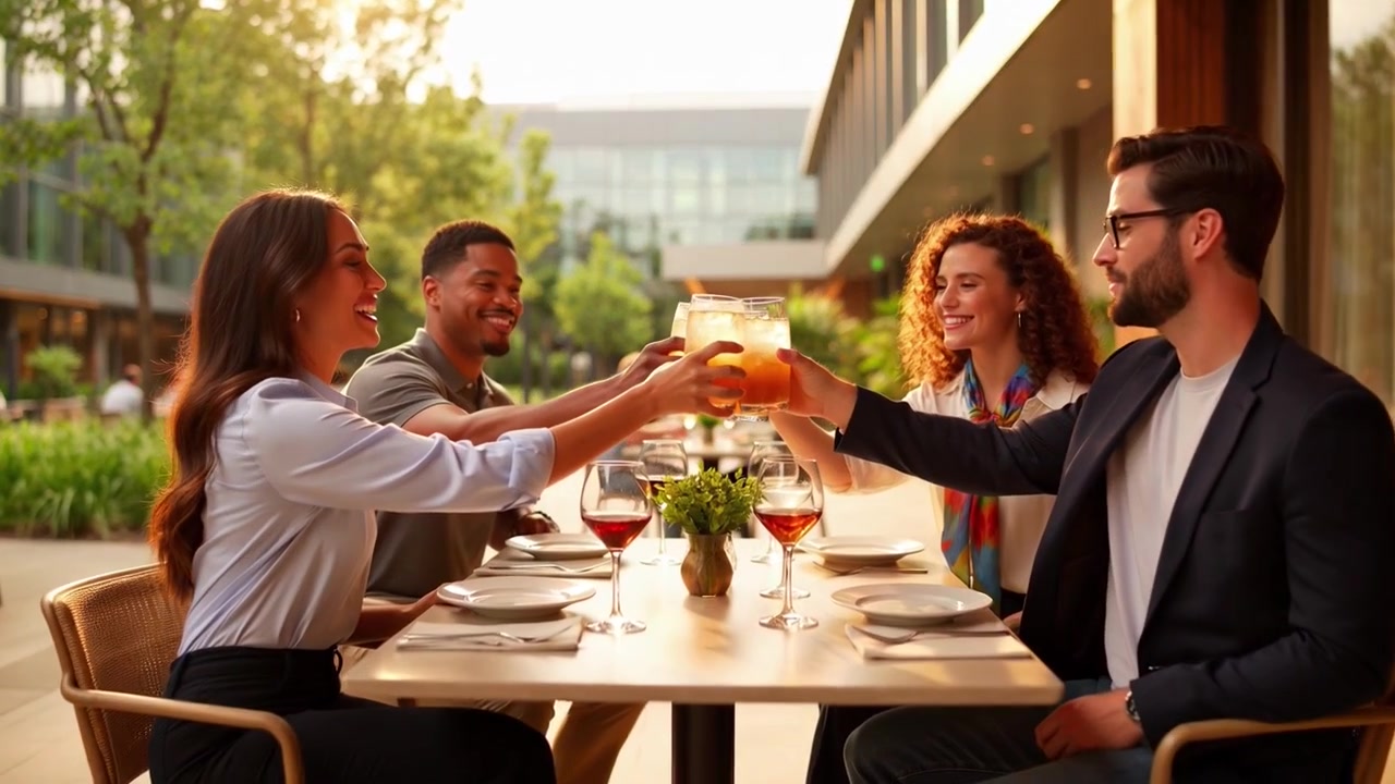 Group of Friends Toasting with Drinks at an Outdoor Restaurant