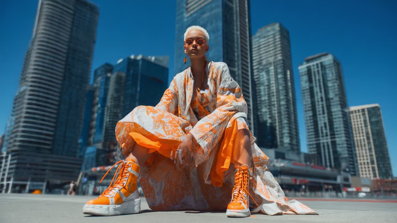 A Bold Fashion Statement: A Stunning Model in Vibrant Orange Attire and Sneakers Posing Against a Modern Urban Skyline, Showcasing Innovative Streetwear Trends and Unique Personal Style