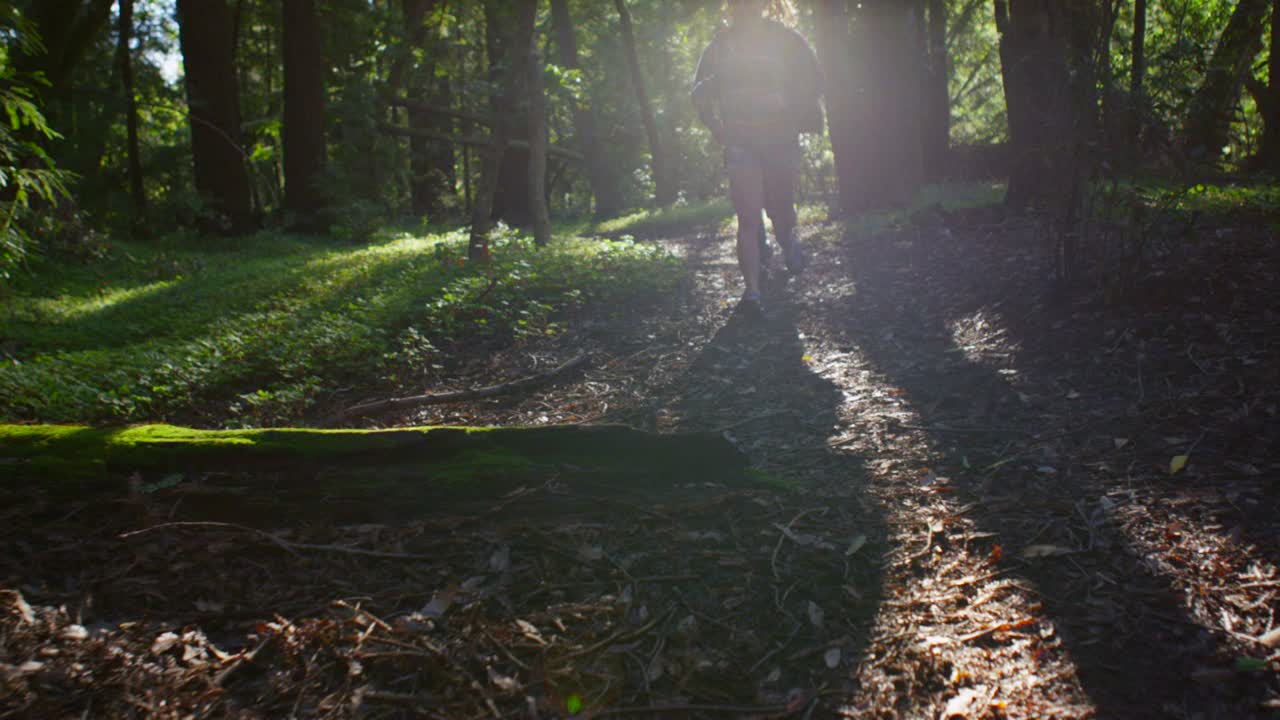Una coppia corre lungo un sentiero e salta un tronco in una foresta