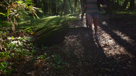 una pareja corre por un camino y salta sobre un tronco en un bosque