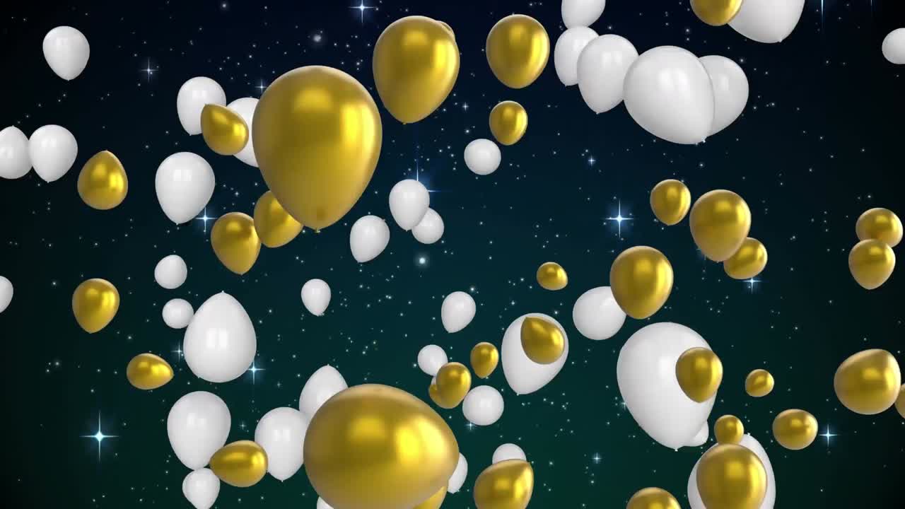 animación de globos dorados y blancos volando sobre las estrellas