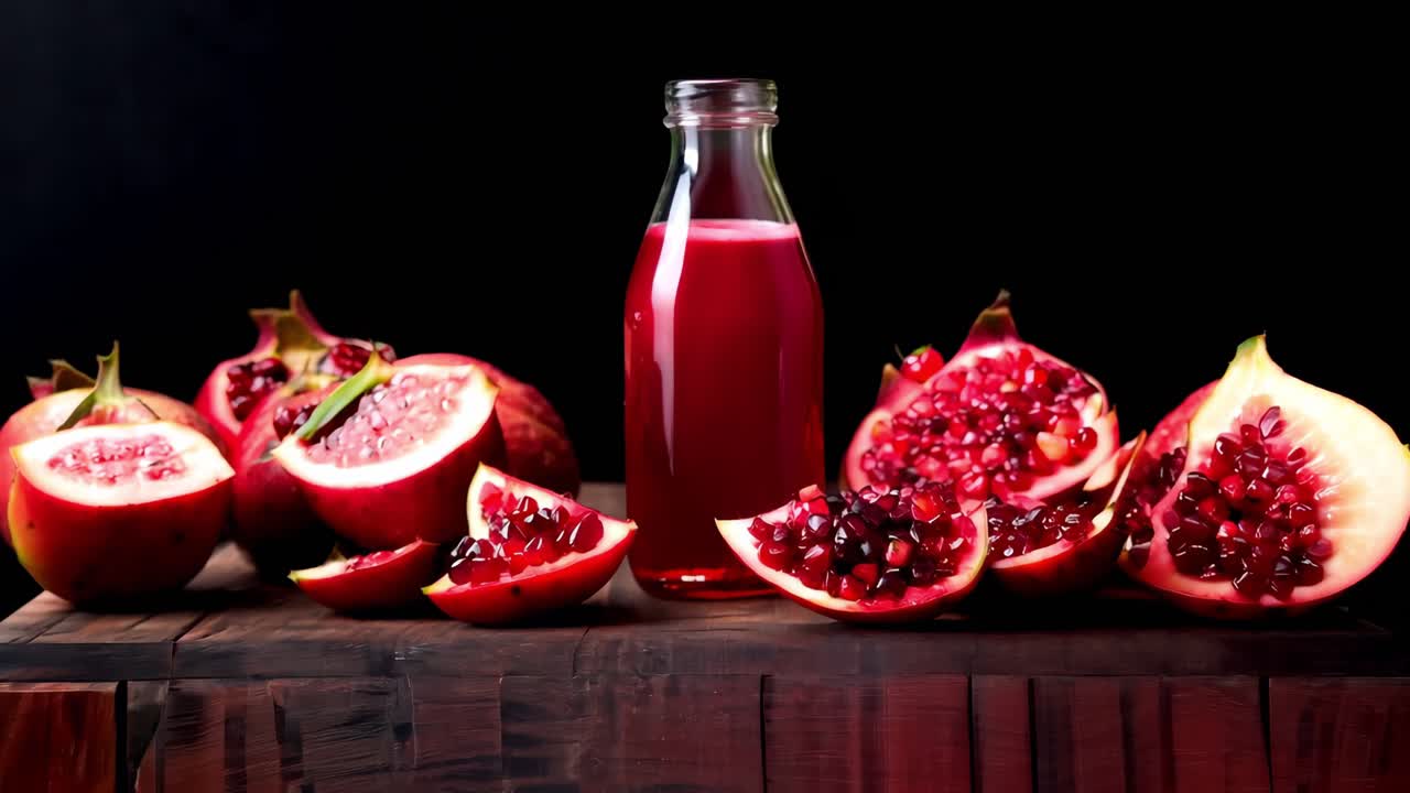 Granatæblejuice i en glasflaske, omgivet af modne, delte granatæbler på en rustik træoverflade mod en dyb sort baggrund