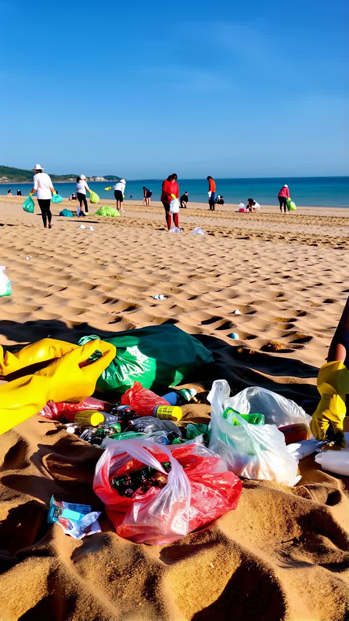 Una persona raccoglie rifiuti su una spiaggia. Concetto di responsabilità ambientale.