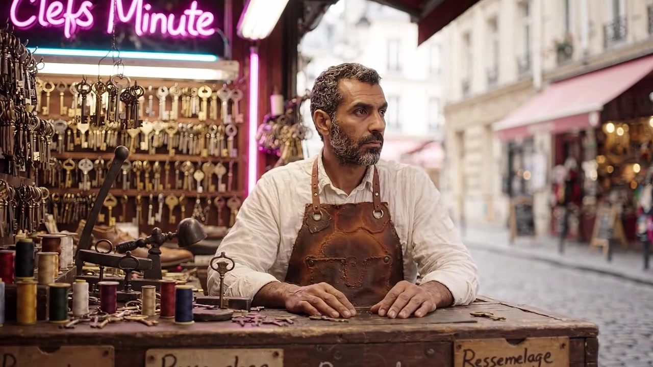 L'arte di un chiavaio: un artigiano esperto al lavoro in un vivace laboratorio di strada, circondato da chiavi e fili colorati, in un'incantevole ambientazione di quartiere.