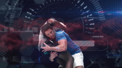 animación del procesamiento de datos y escaneo de alcance sobre jugadores de rugby