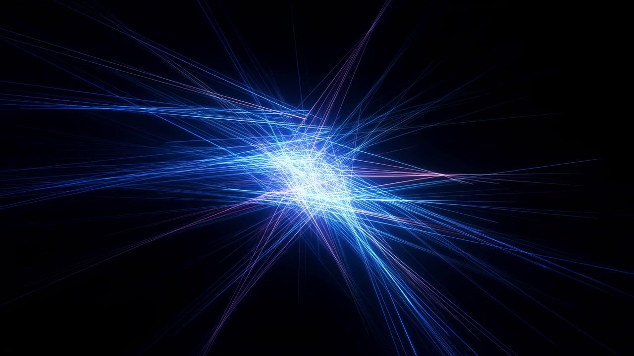 Effetto luce con motivo ripetuto di esplosioni di luce su sfondo scuro, da una prospettiva con angolo di ripresa statico, con accenti blu e bianchi e un'atmosfera dinamica e futuristica.