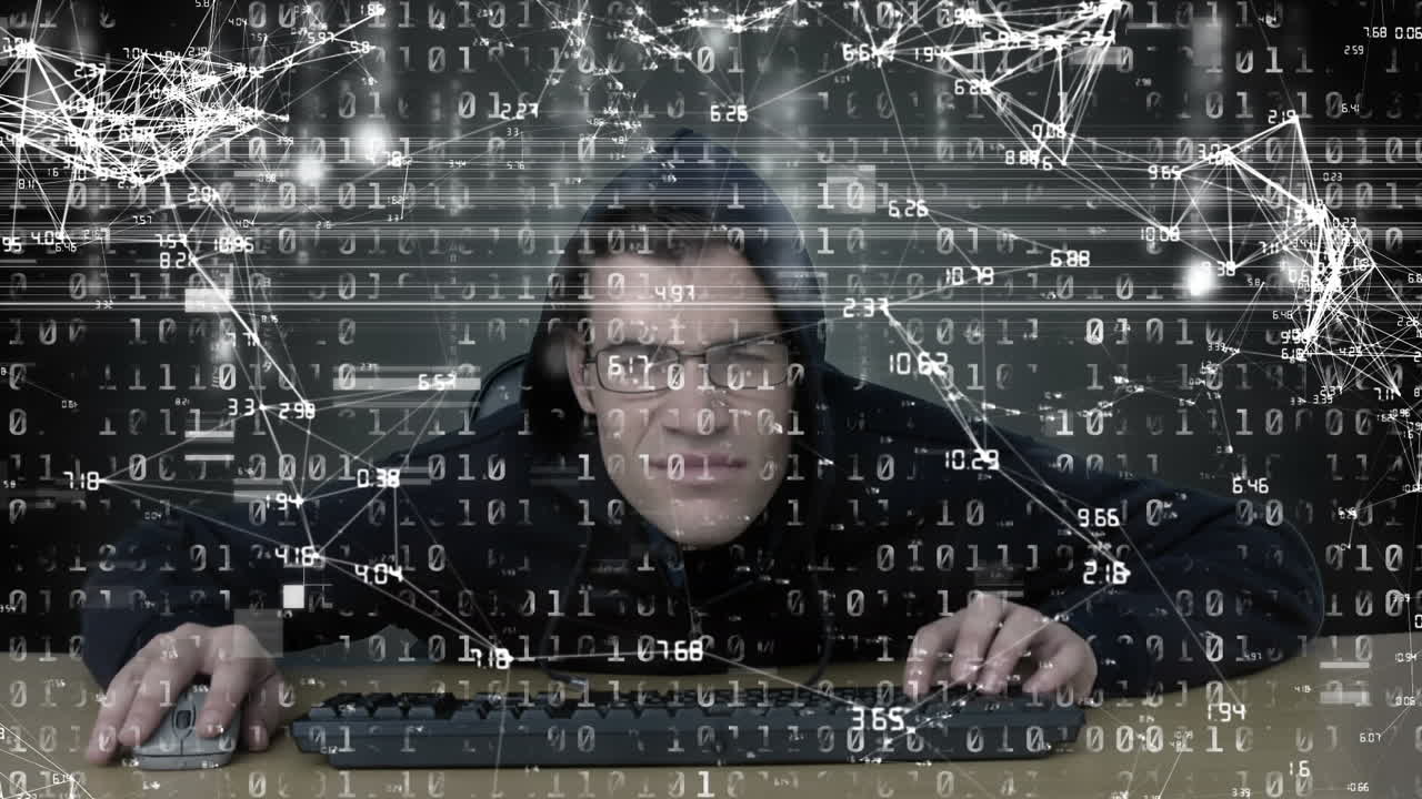컴퓨터 키보드로 해커를 통해 데이터 처리를 하는 네트워크의 애니메이션
