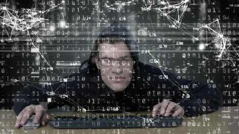 animación de la red con procesamiento de datos sobre hacker con teclado de computadora